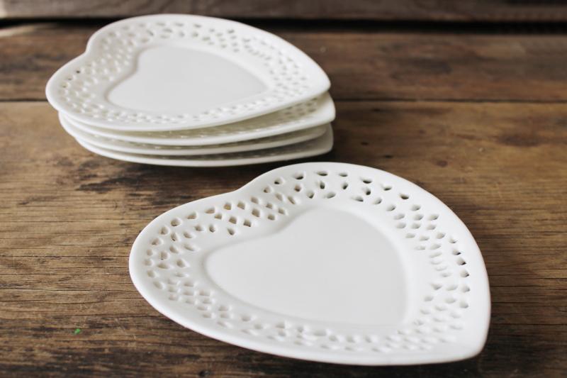 pure white porcelain china heart shape plates or plaques, reticulated lace edge