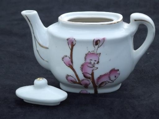 pussy willow babies child's china tea set, vintage Japan toy doll dishes