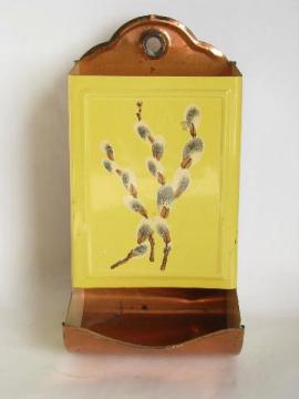pussy willows on yellow, vintage metal kitchen match safe wall pocket box