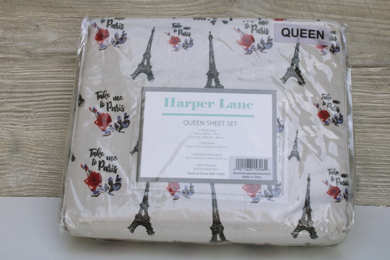queen size bed sheets set Take me to Paris retro French Eiffel Tower print microfiber bedding