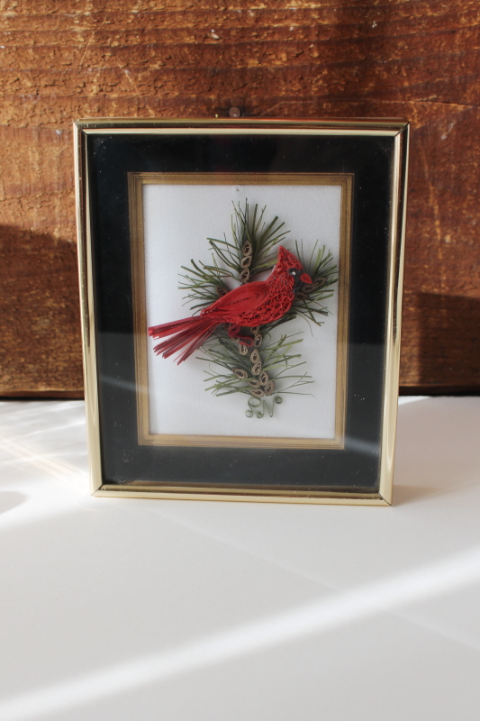 quilled paper art, red cardinal bird framed holiday decor, handmade quilling