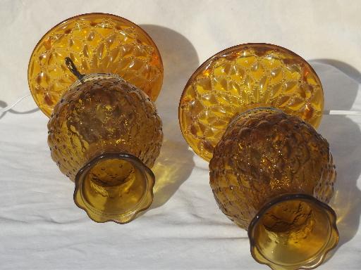 quilted pattern amber glass lamps w/ hurricane shades, vintage lamp set