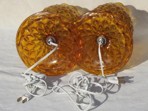 quilted pattern amber glass lamps w/ hurricane shades, vintage lamp set