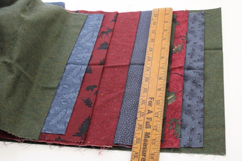 quilting cotton fabric lot, barn red, pine green, blue rustic northwoods prints