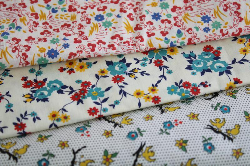 quilting fabric lot mid-century vintage cotton prints red yellow aqua blue