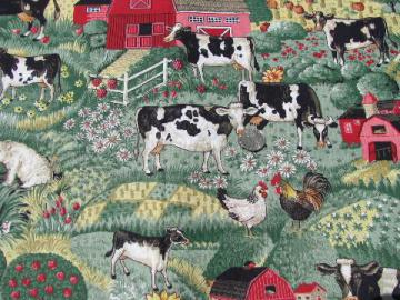 quilting weight cotton fabric, farm barns and holstein cows print