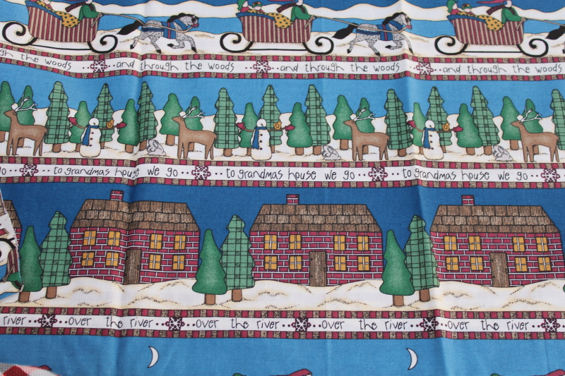 quilting weight cotton fabric, holiday folk art print, over the river and through the woods