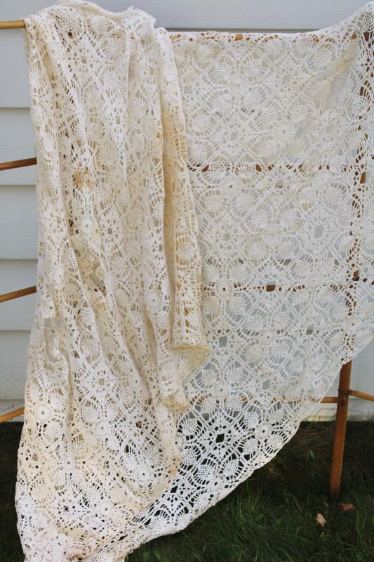 ragged vintage lace bedspread, handmade crochet lace fabric for upcycle or quilting