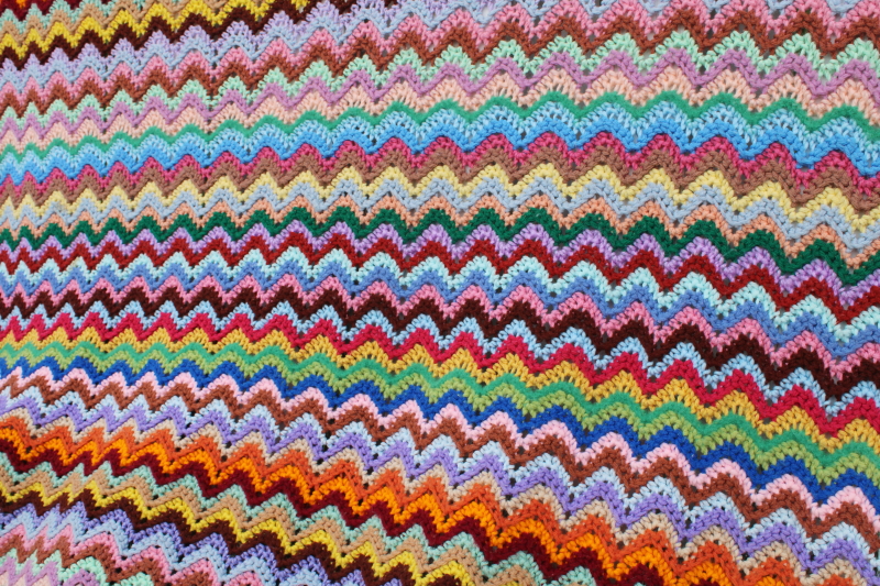 rainbow of colors ripple crochet afghan chevron stripes handmade vintage throw blanket