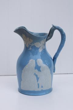 rare antique china wedding jug circa 1840s, early English Arms marking Wedgwood blue color w/ bridal couple