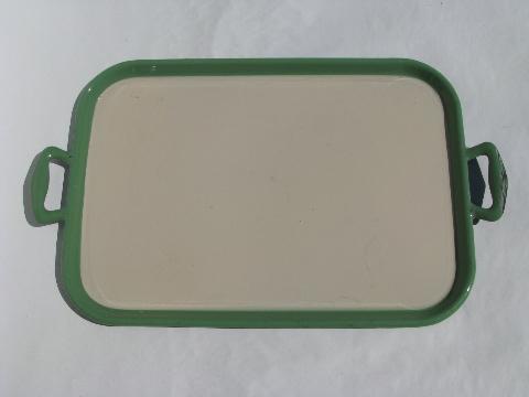 rare handled tray, vintage graniteware enamel in jadite/cream