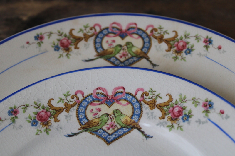 rare love birds heart pattern antique Homer Laughlin china plates, green bird blue border