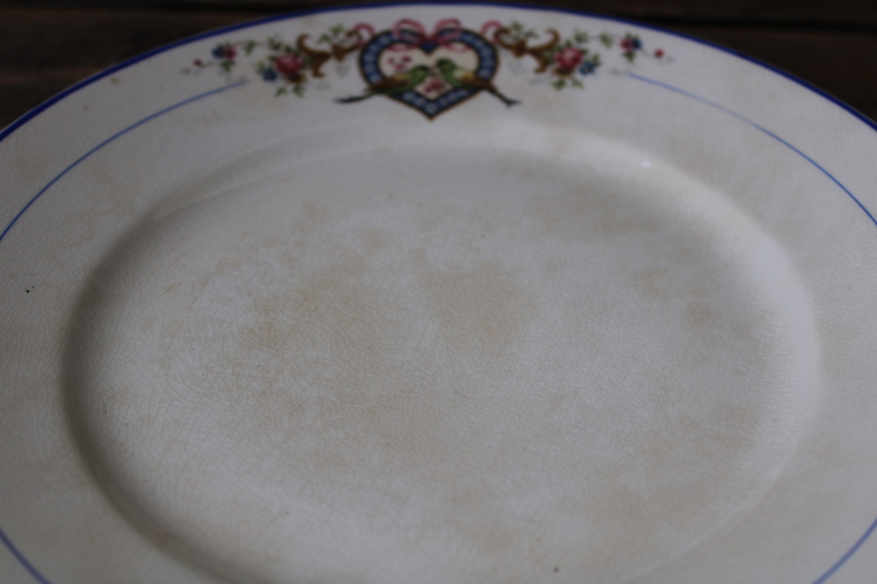 rare love birds heart pattern antique Homer Laughlin china plates, green bird blue border