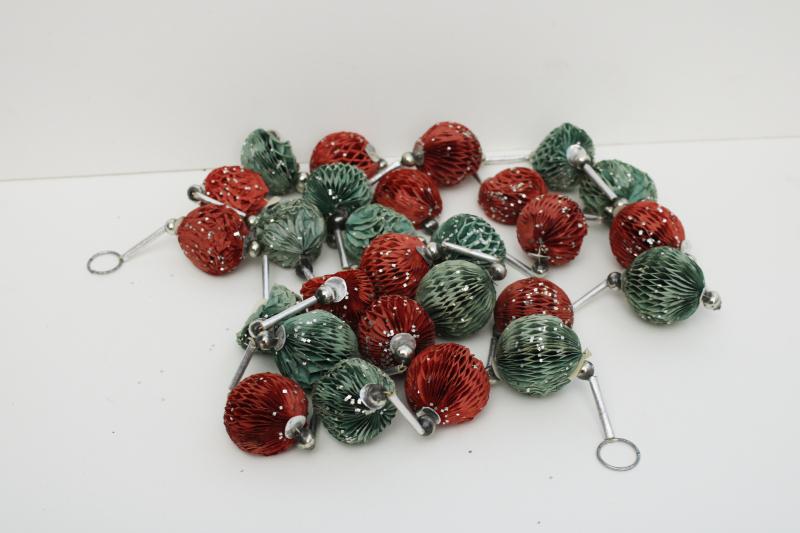 rare old Christmas garland decoration, string of red & green honeycomb paper balls 