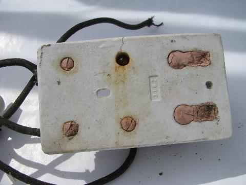 rare pair of old early electric, industrial circuit breaker switches w/ mica fuse sockets & fuses, 1800s patents