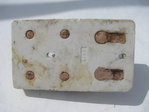 rare pair of old early electric porcelain architectural breaker switches w/ mica fuse sockets, 1891 patent