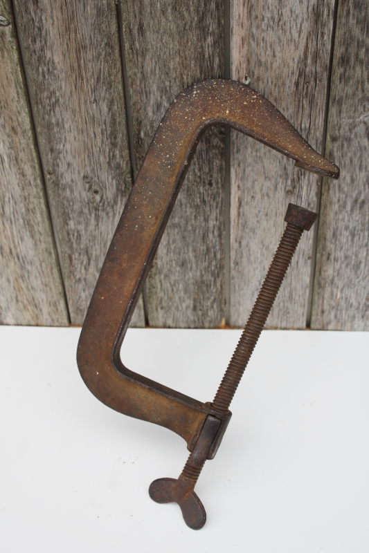 rare unusual antique C clamp w/ quick adjustment release jaws, vintage woodworkers tool