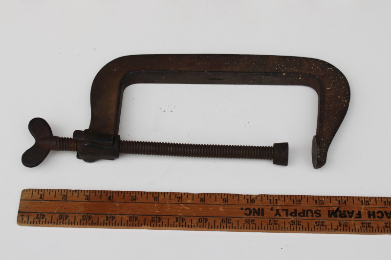 rare unusual antique C clamp w/ quick adjustment release jaws, vintage woodworkers tool