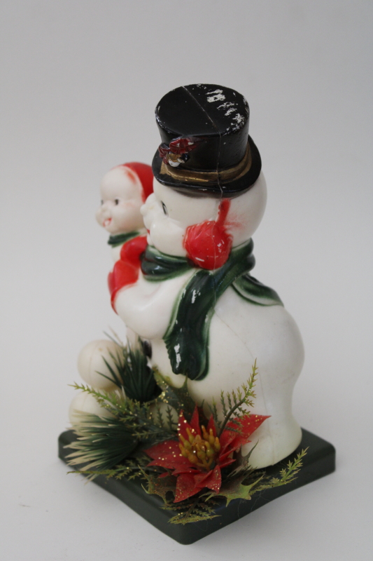 rare vintage blow mold plastic snowman w/ snow baby, large floral decoration for Christmas display