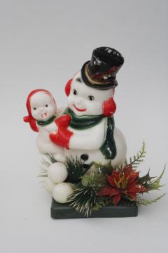 rare vintage blow mold plastic snowman w/ snow baby, large floral decoration for Christmas display