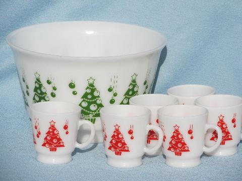 red and green Christmas Trees eggnog punch cups and bowl, vintage milk glass