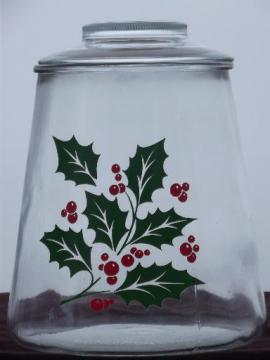 red and green Christmas holly clear glass cookie jar kitchen canister