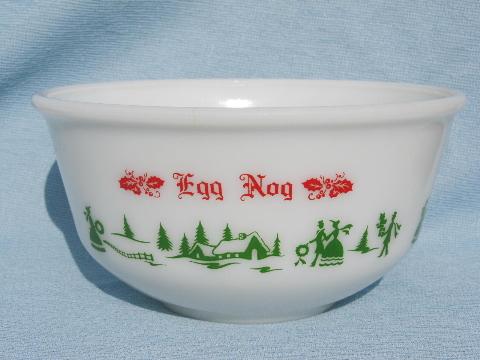 red and green Hazel-Atlas Christmas eggnog punch bowl, vintage milk glass