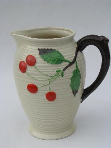 red cherries, vintage Japan majolica style pottery pitcher or coffee pot