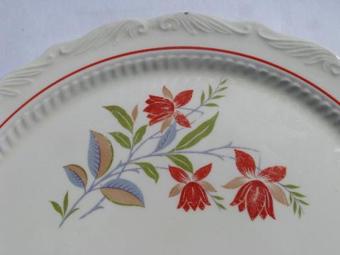 red columbines vintage 30s- 40s china dinnerware, handled cake plate