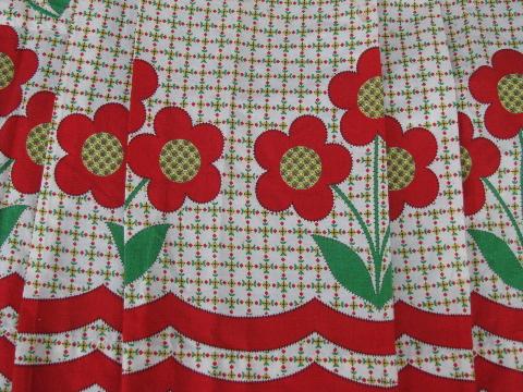red flowers vintage cotton print kitchen apron, 1950s-60s half-apron