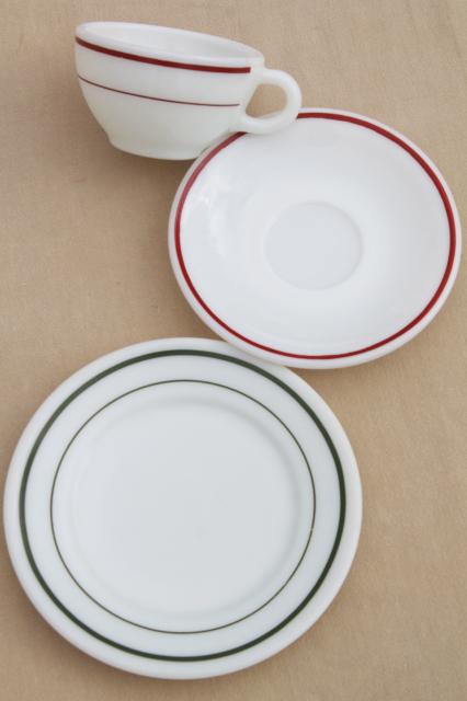 red & green band vintage Pyrex milk glass dishes, coffee cups & dessert plates set for 4