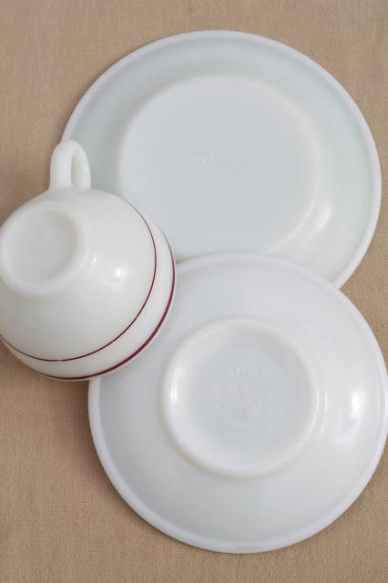 red & green band vintage Pyrex milk glass dishes, coffee cups & dessert plates set for 4