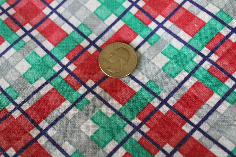 red / green / grey checked plaid print cotton feedsack fabric, 40s 50s vintage