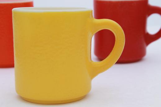 red, orange, yellow vintage heat proof milk glass coffee mug w/ fired on colors
