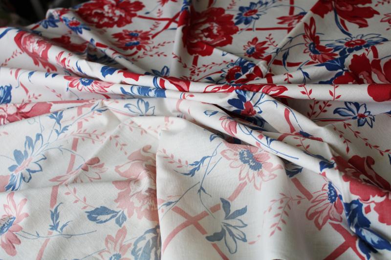 red peonies print vintage cotton fabric tablecloth w/ beautiful fading, cutter cloth