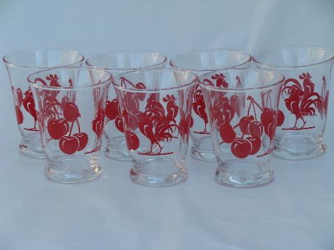 red roosters and cherries swanky swig vintage glasses, 50s print tumblers