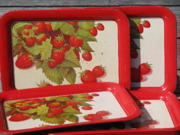 red strawberries print 50s vintage metal TV meal lap trays set of 8
