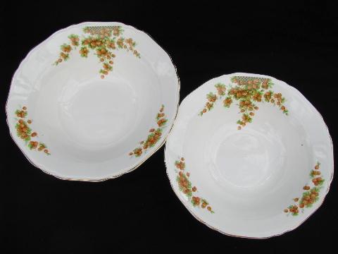 red strawberries, vintage Crown Potteries strawberry china, lot of serving bowls