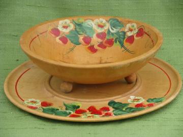 red strawberries vintage painted wood sandwich tray & salad bowl