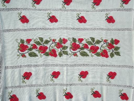 red strawberry afghan, crochet blanket w/ hand embroidered strawberries