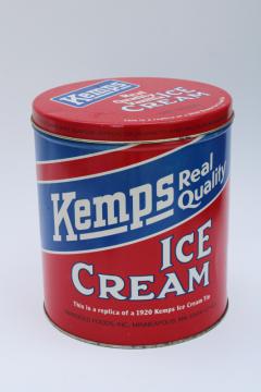 red, white and blue Kemps Ice Cream tin vintage reproduction advertising, retro summer decor