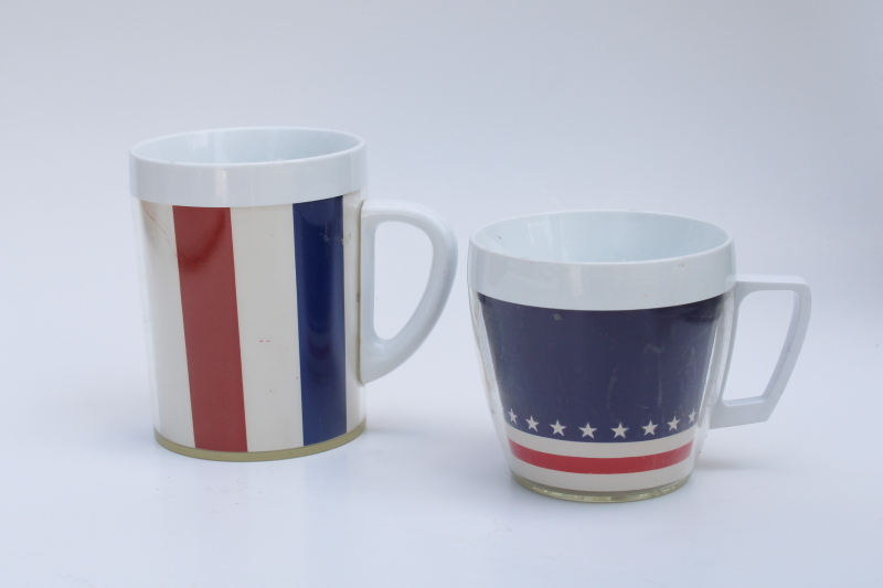 red, white and blue patriotic Thermo Serv insulated plastic party cups, bicentennial vintage mugs