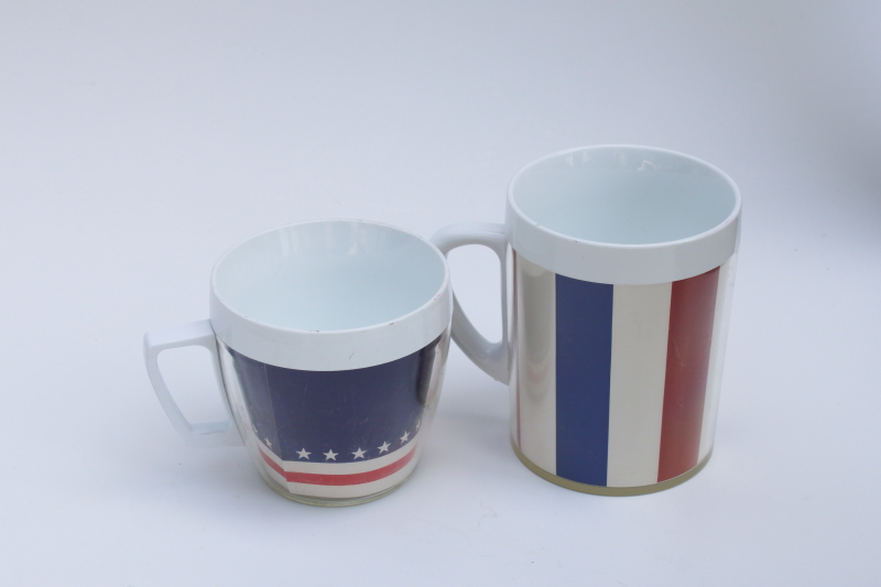 red, white and blue patriotic Thermo Serv insulated plastic party cups, bicentennial vintage mugs