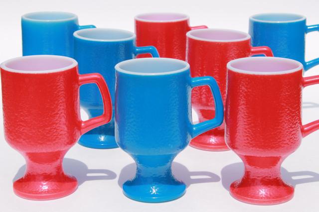 red white & blue vintage milk glass mugs or tall cups, orange peel texture glass