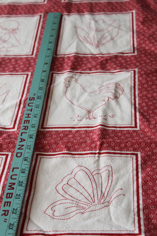redwork embroidery red calico print, vintage cotton fabric w/ printed patchwork blocks cheater quilt yardage