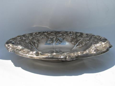 repousse floral border, vintage silver plate flower bowl