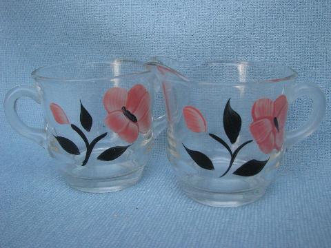 retro 1950s pink & black flowers hand-painted glass cream & sugar