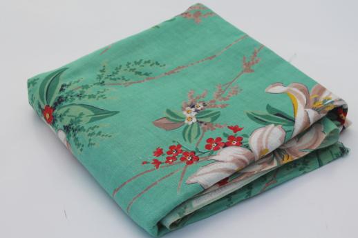 retro 1950s vintage floral print cotton fabric, large lilies on jade green