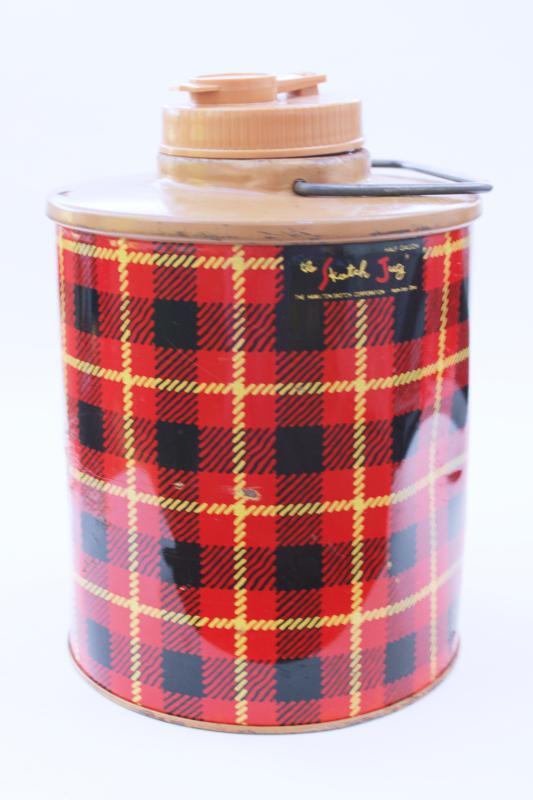 retro 50s vintage Skotch red tartan plaid picnic jug, water cooler insulated bottle