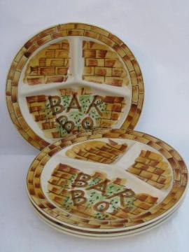 retro 50s vintage hand-painted pottery divided plates, for picnic / barbeque grill